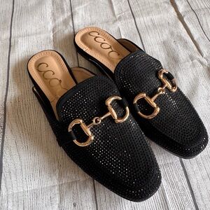 Coconuts by Matisse Blk Rhinestone Mule Loafers Gld Horsebit SlipOn Shoes 0033